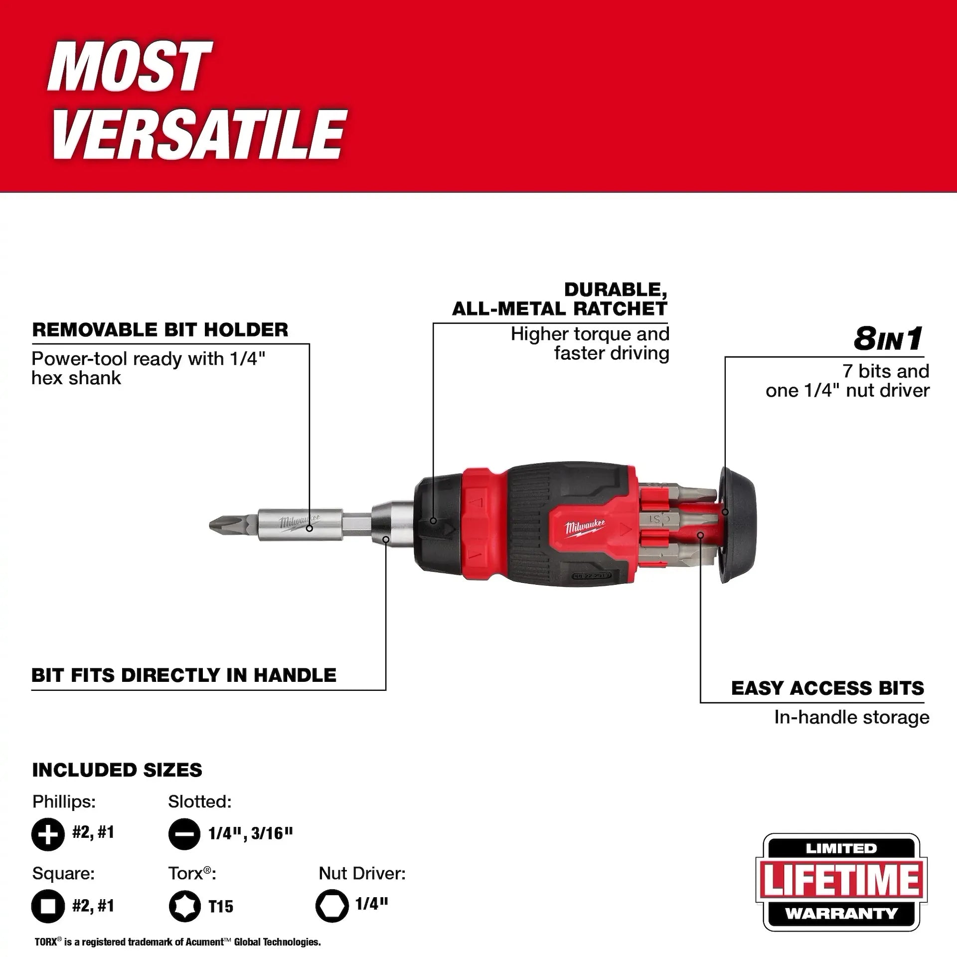 MILWAUKEE 48-22-2913 8IN1 RATCHETING COMPACT MULTI-BIT SCREWDRIVER