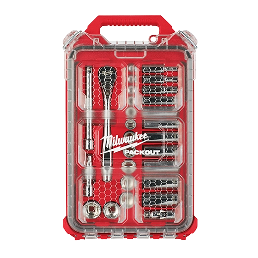 MILWAUKEE 48-22-9481 3/8” Drive 28pc Ratchet & Socket Set with PACKOUT™ Low-Profile Compact Organizer - SAE