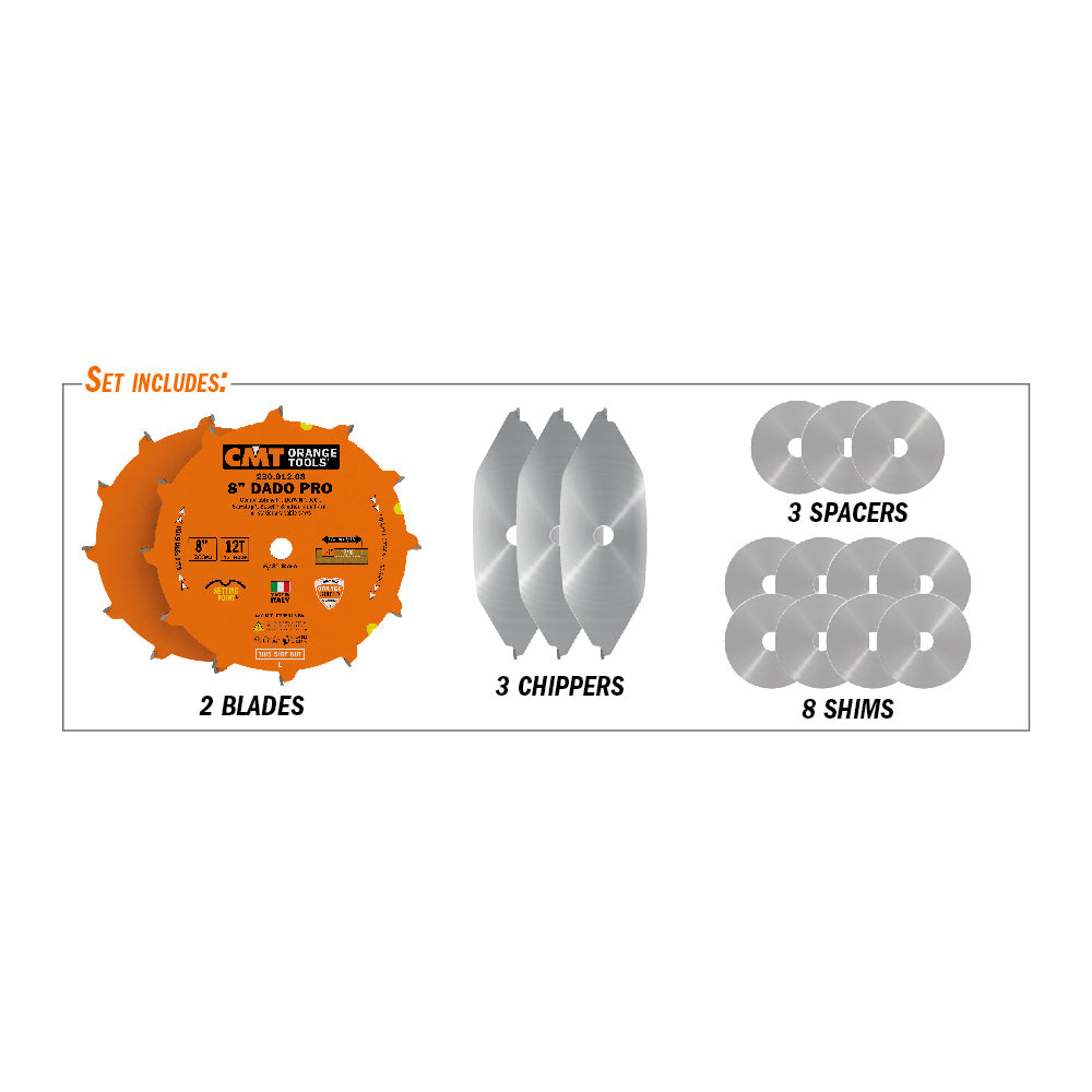 CMT 230.012.08 Dado Pro Set – Adjustable Industrial Dado Blade Set, Chippers & Shims Included