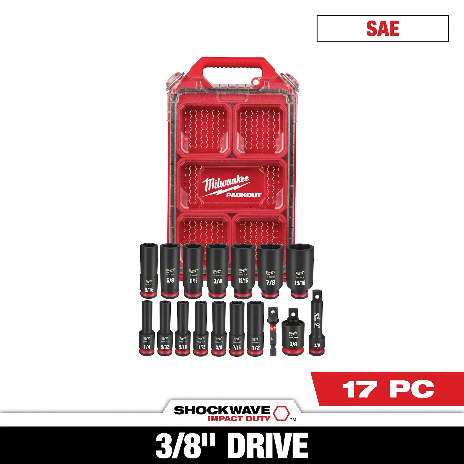 MILWAUKEE 49-66-6800 17PC SHOCKWAVE™ Impact Duty Socket 3/8” Drive SAE Set with PACKOUT™