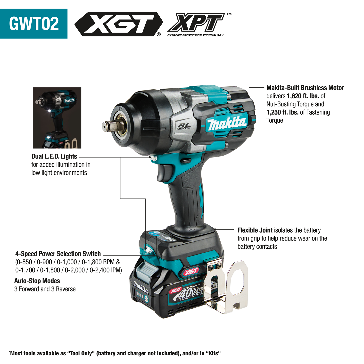 MAKITA GWT02D 40V max XGT® Brushless Cordless 4‑Speed High‑Torque 1/2