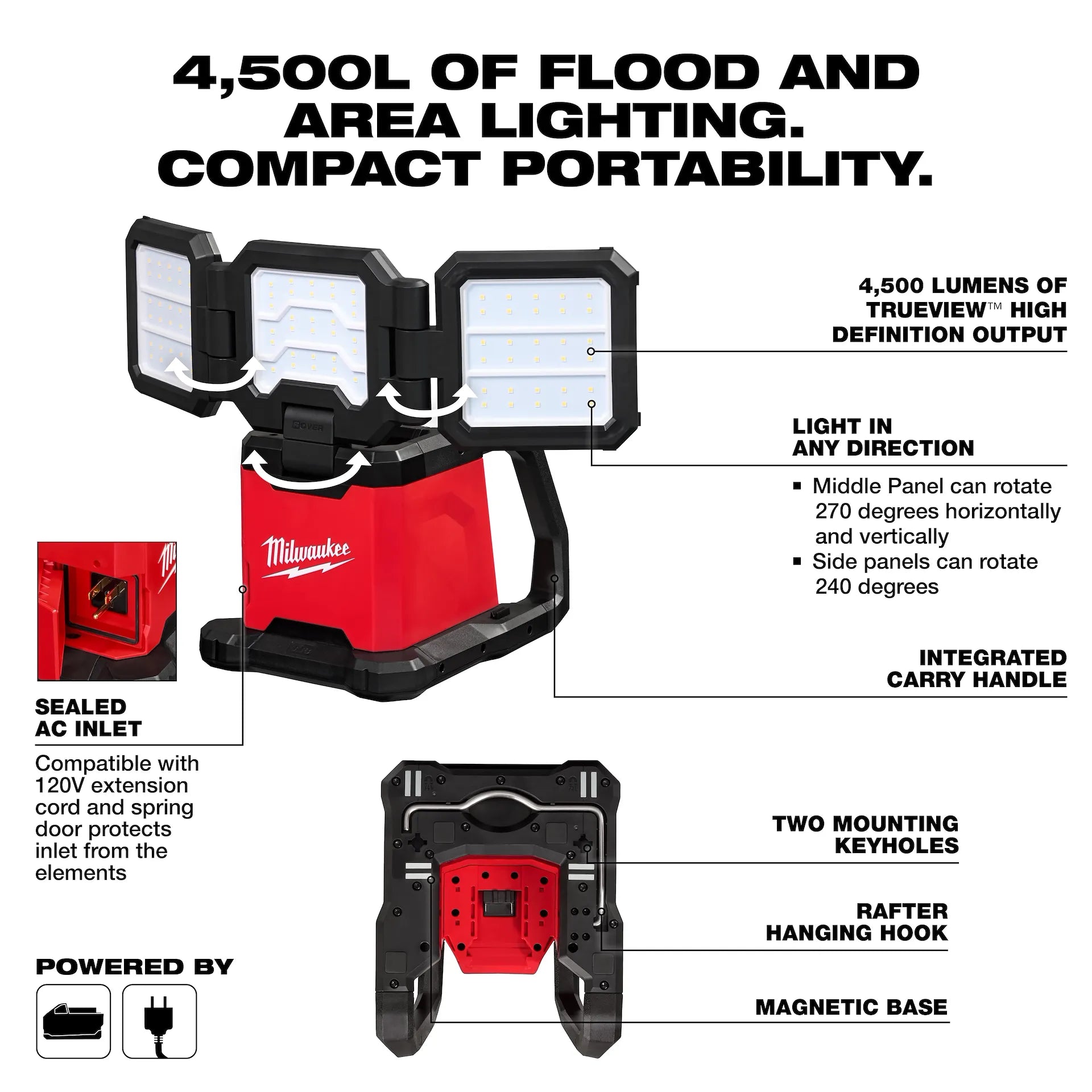 MILWAUKEE 2368-20 M18™ ROVER™ Dual Power Triple-Panel Flood & Area Light