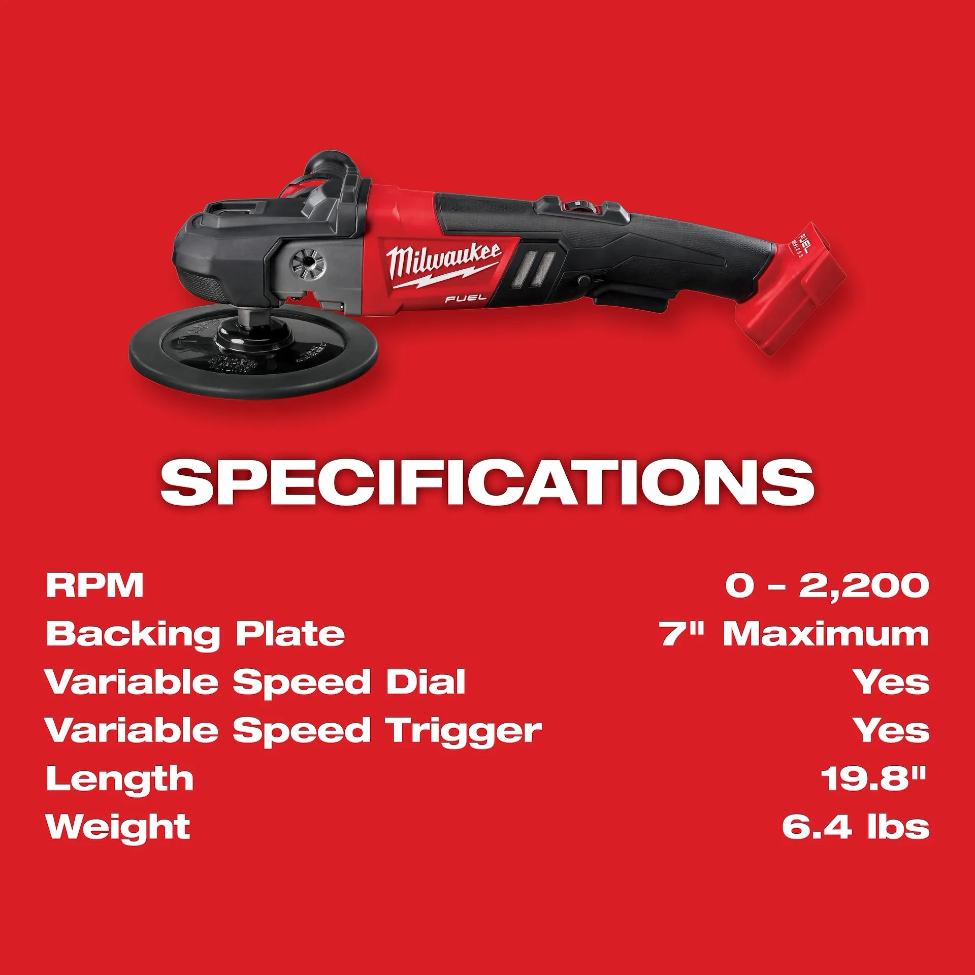 MILWAUKEE 2738-20 M18 FUEL™ 7” Variable Speed Polisher (Tool Only)
