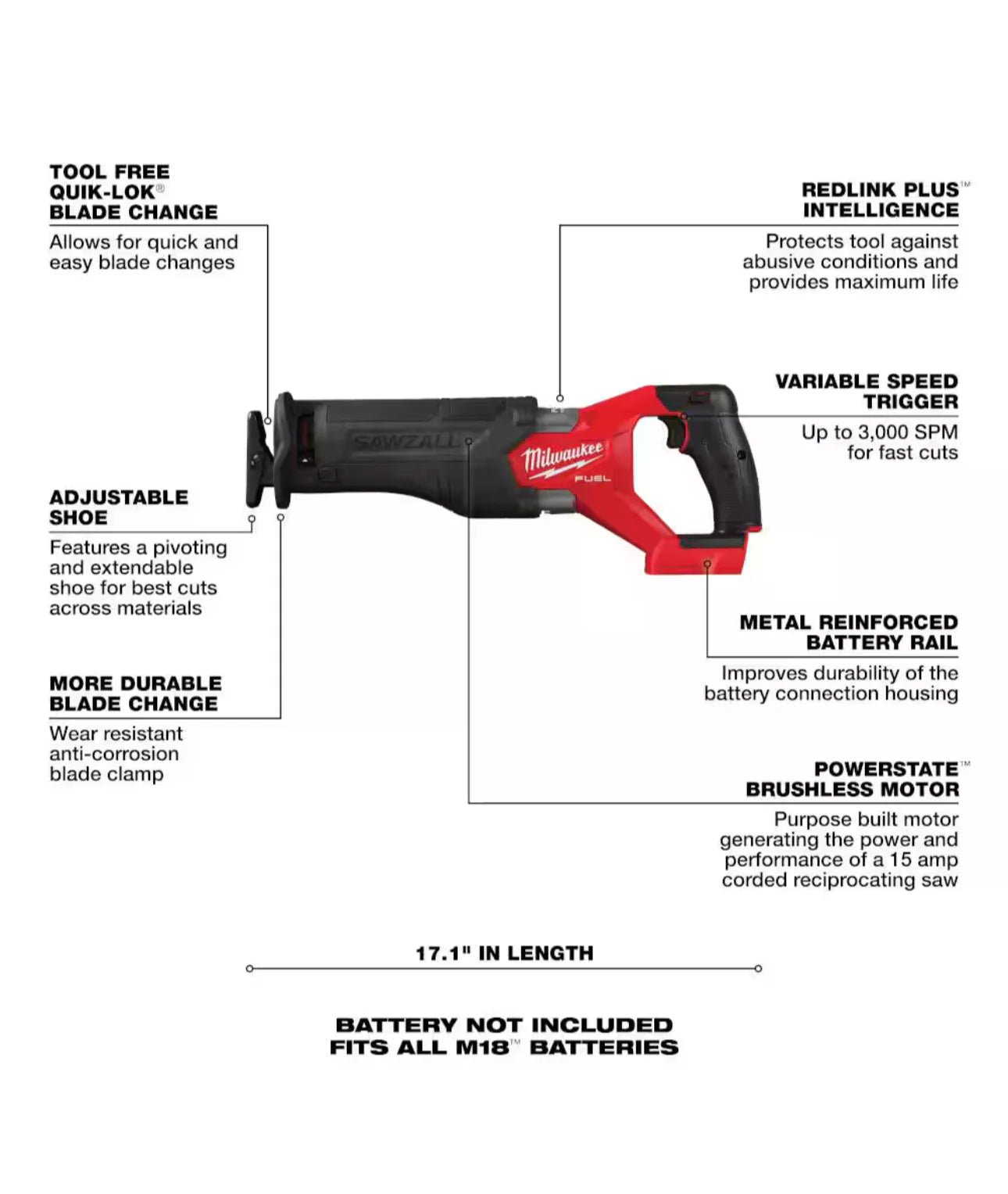 MILWAUKEE 2821-20 M18 FUEL™ SAWZALL® Recip Saw (Tool Only)