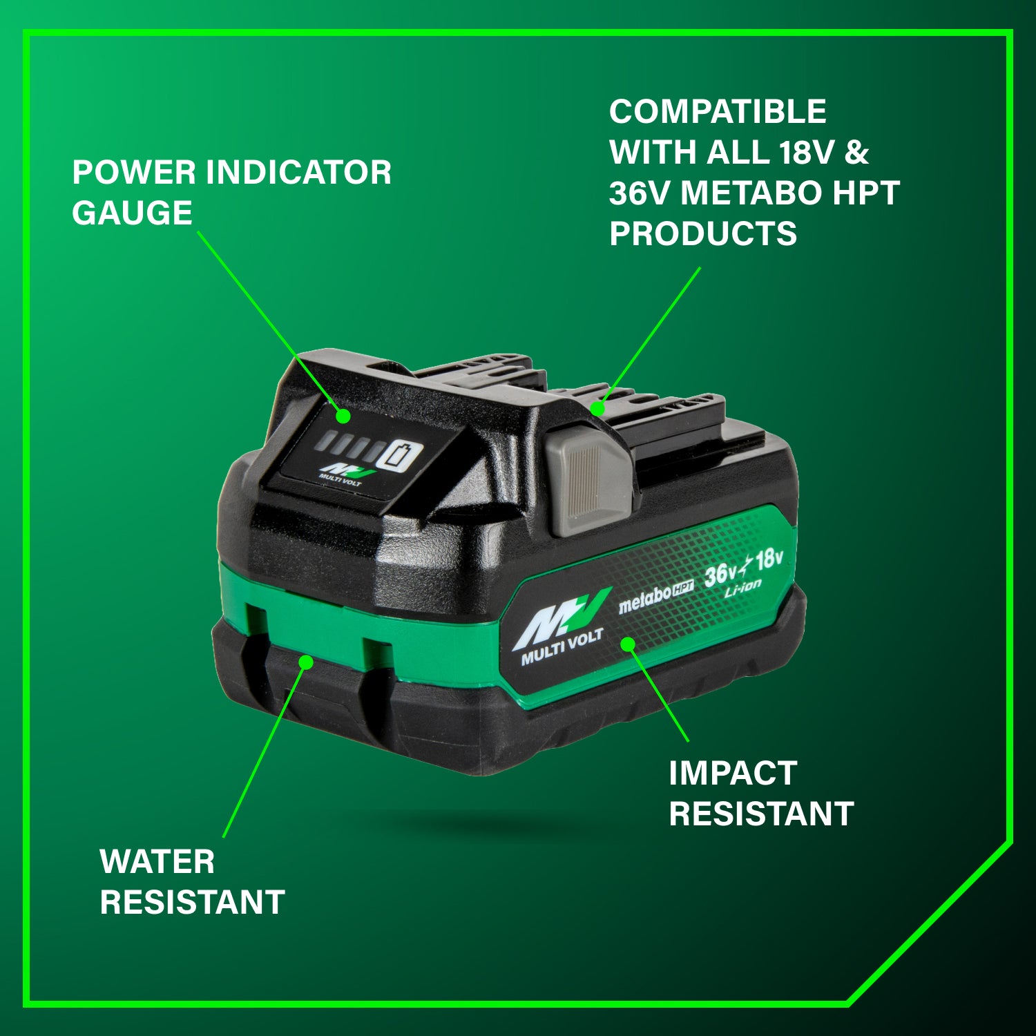 METABO BSL36A18X 18V/36V (5.0Ah/2.5Ah) MultiVolt™ Lithium Ion Water & Impact Resistant Battery