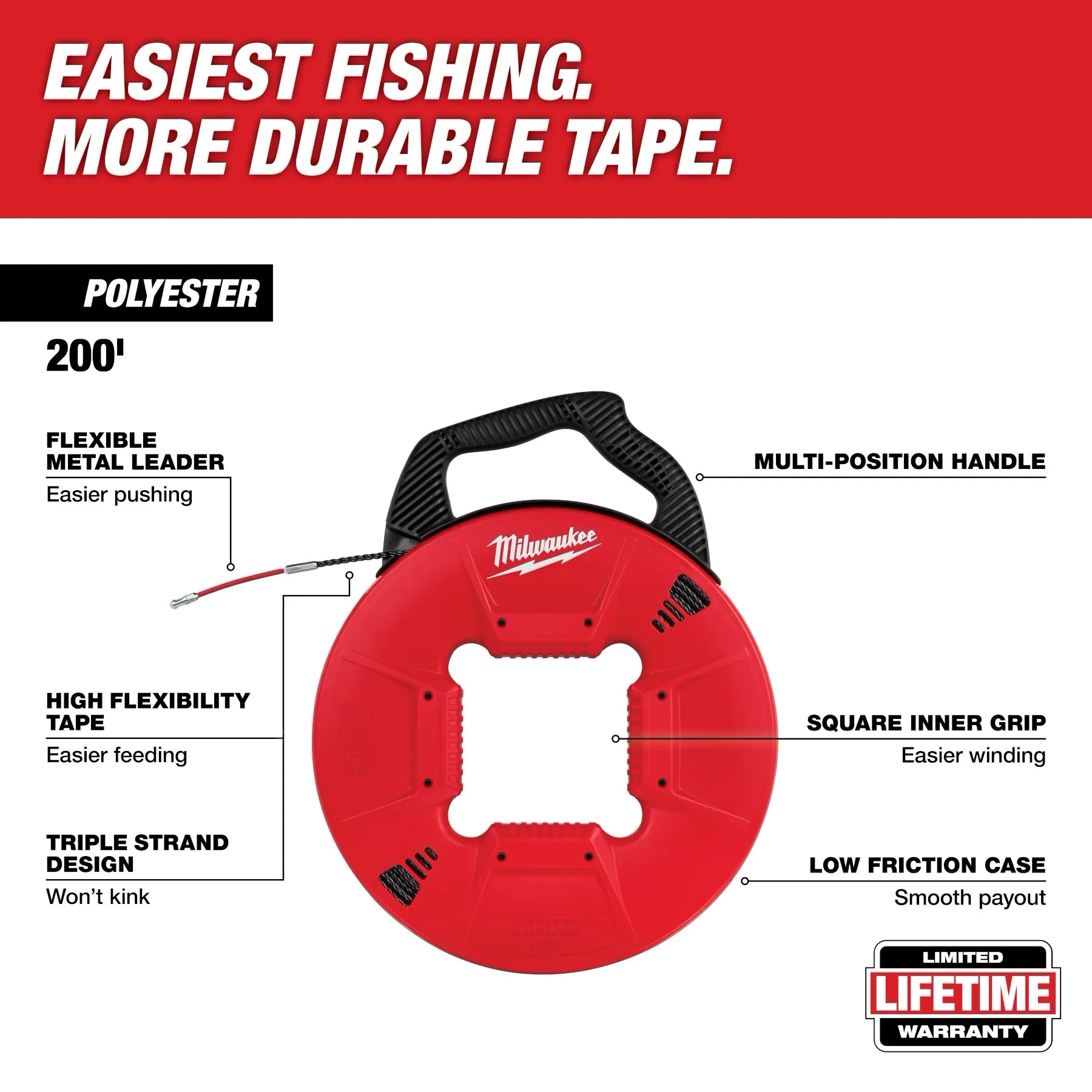 MILWAUKEE 48-22-4197 200' Polyester Fish Tape w/ Flexible Metal Leader