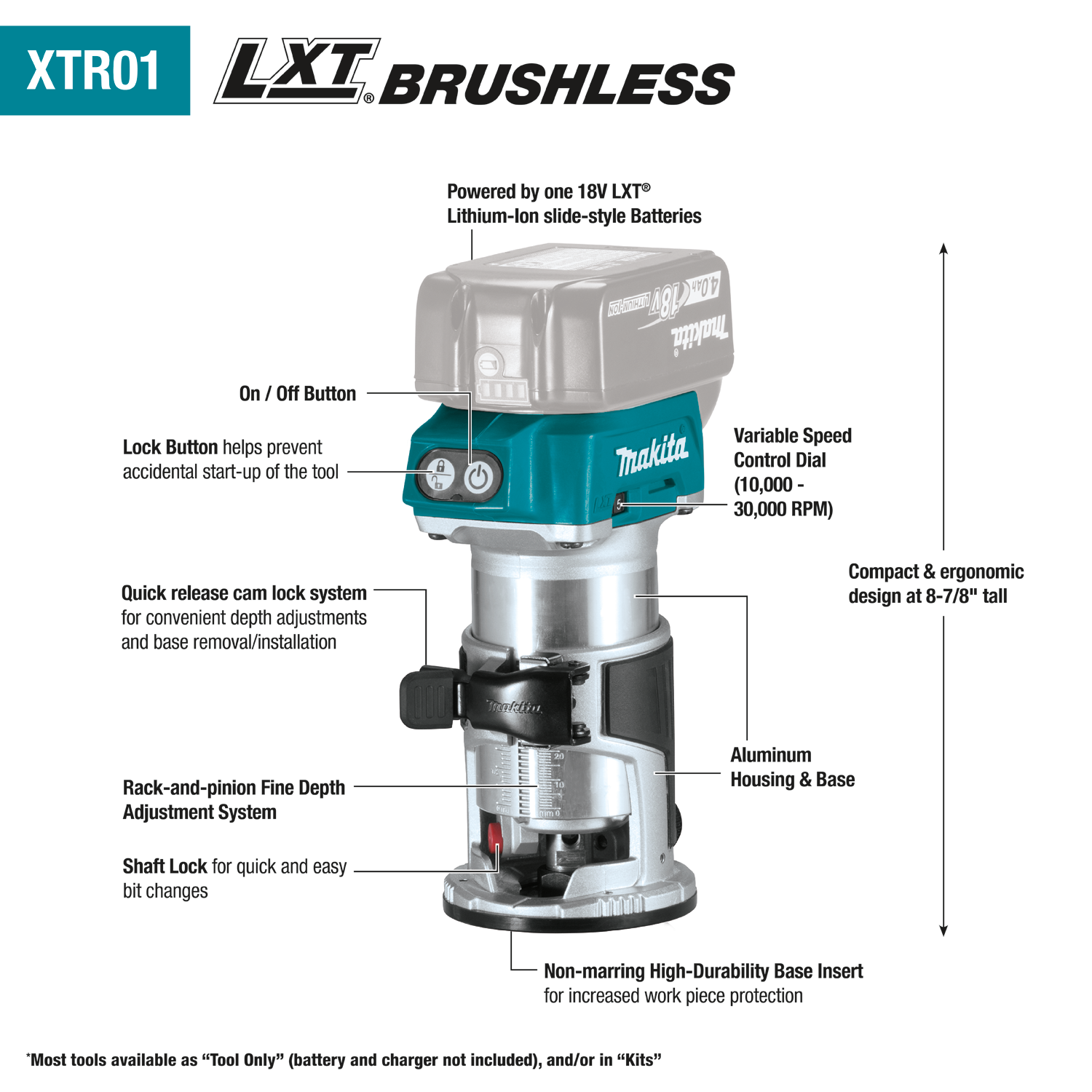 MAKITA XTR01Z 18V LXT® Lithium‑Ion Brushless Cordless Compact Router, Tool Only