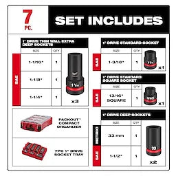 MILWAUKEE 49-66-7840 SHOCKWAVE™ Impact Duty 1” Drive 7PC MM & SAE Wheel Service Socket with PACKOUT™