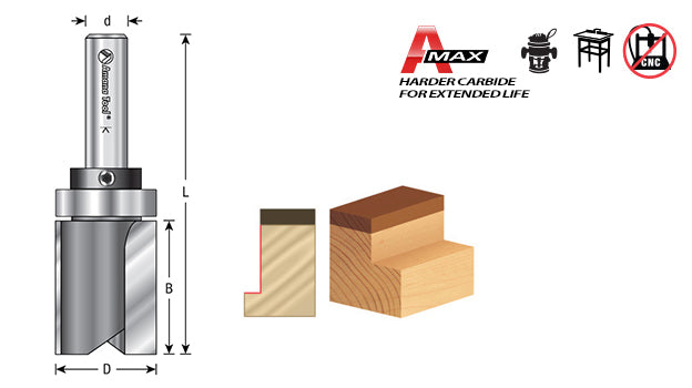 AMANA 45491 Carbide Tipped Flush Trim Plunge Template 1/2 Dia x 3/4 x 1/4 Inch Shank with Upper BB