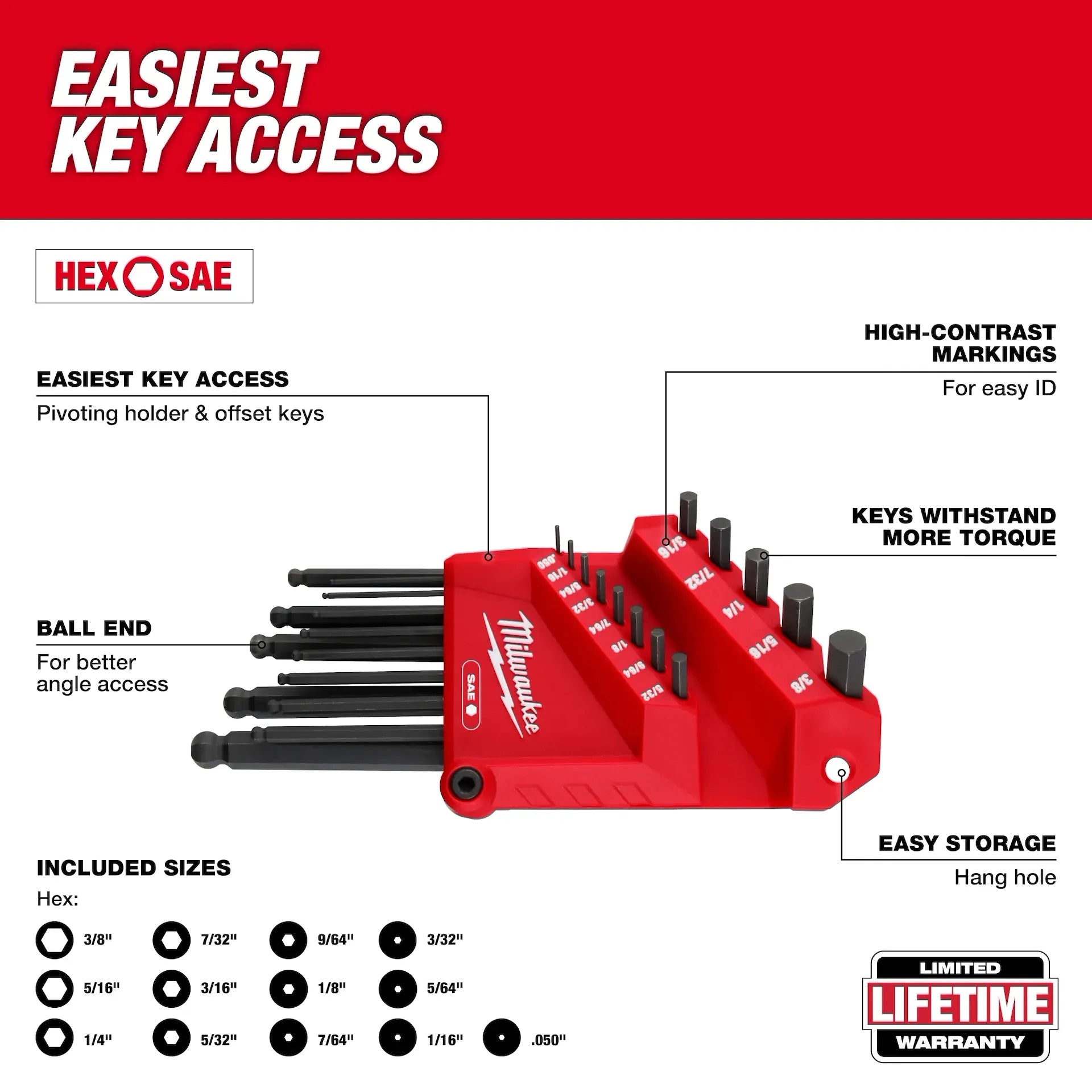 MILWAUKEE 48-22-2187 22-Key Ball End L-Style Hex Key Set - SAE/Metric