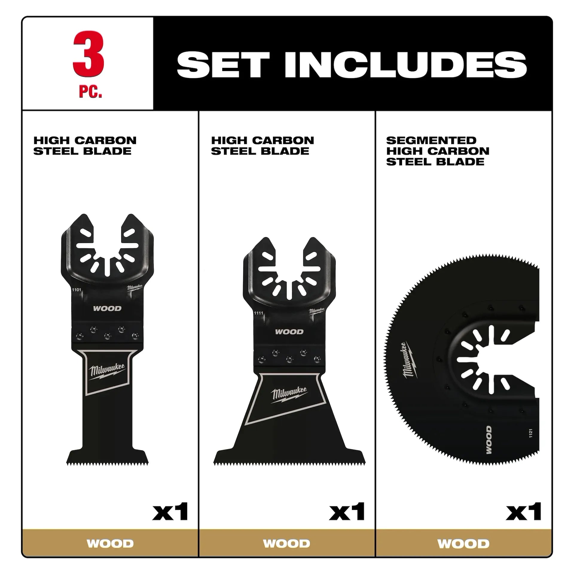 MILWAUKEE 49-10-9004 OPEN-LOK™ 3 PC HCS Wood Multi-Tool Blade Variety Pack