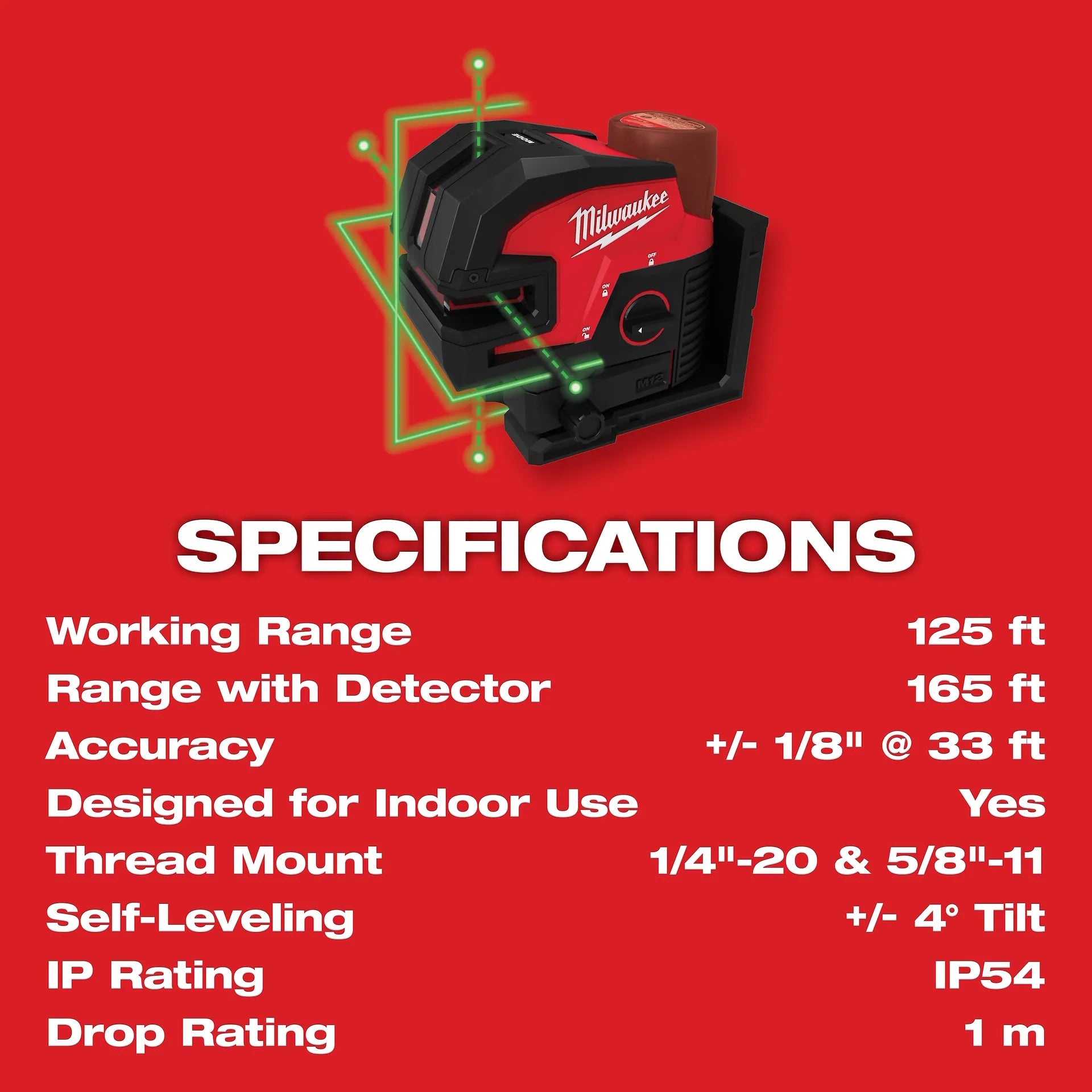 MILWAUKEE 3624-20 M12™ Green Laser – Cross Line & 4-Points (Tool Only)