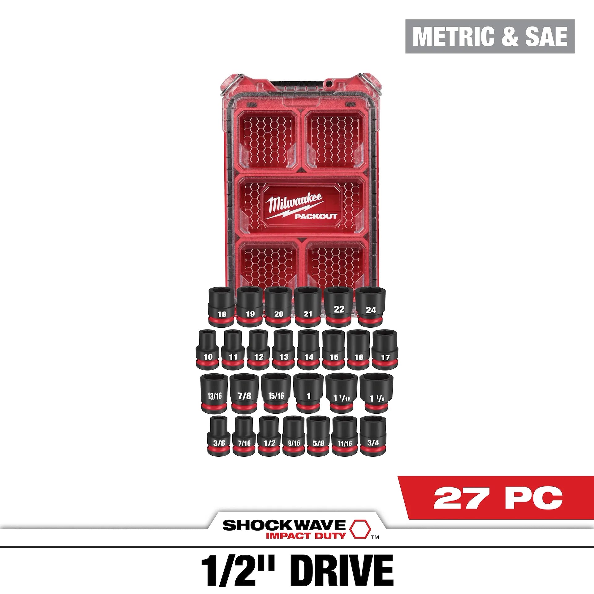 MILWAUKEE 49-66-6804 27PC SHOCKWAVE™ Impact Duty Socket 1/2” Drive MM & SAE Set with PACKOUT™