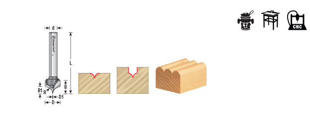 AMANA 56126 Carbide Tipped Point Cutting Roundover 3/16 Radius x 3/8 Dia x 19/64 x 1/4 Shank Router Bit