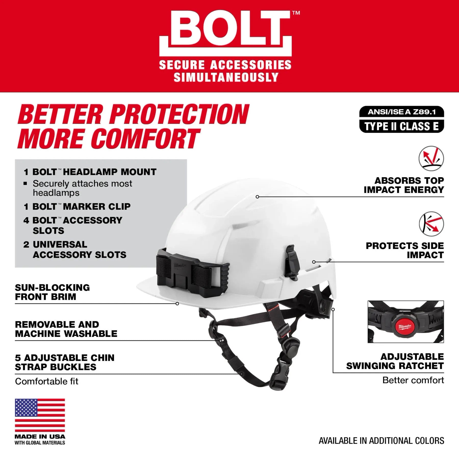 MILWAUKEE 48-73-1321 BOLT™ White Front Brim Safety Helmet (USA) - Type 2, Class E
