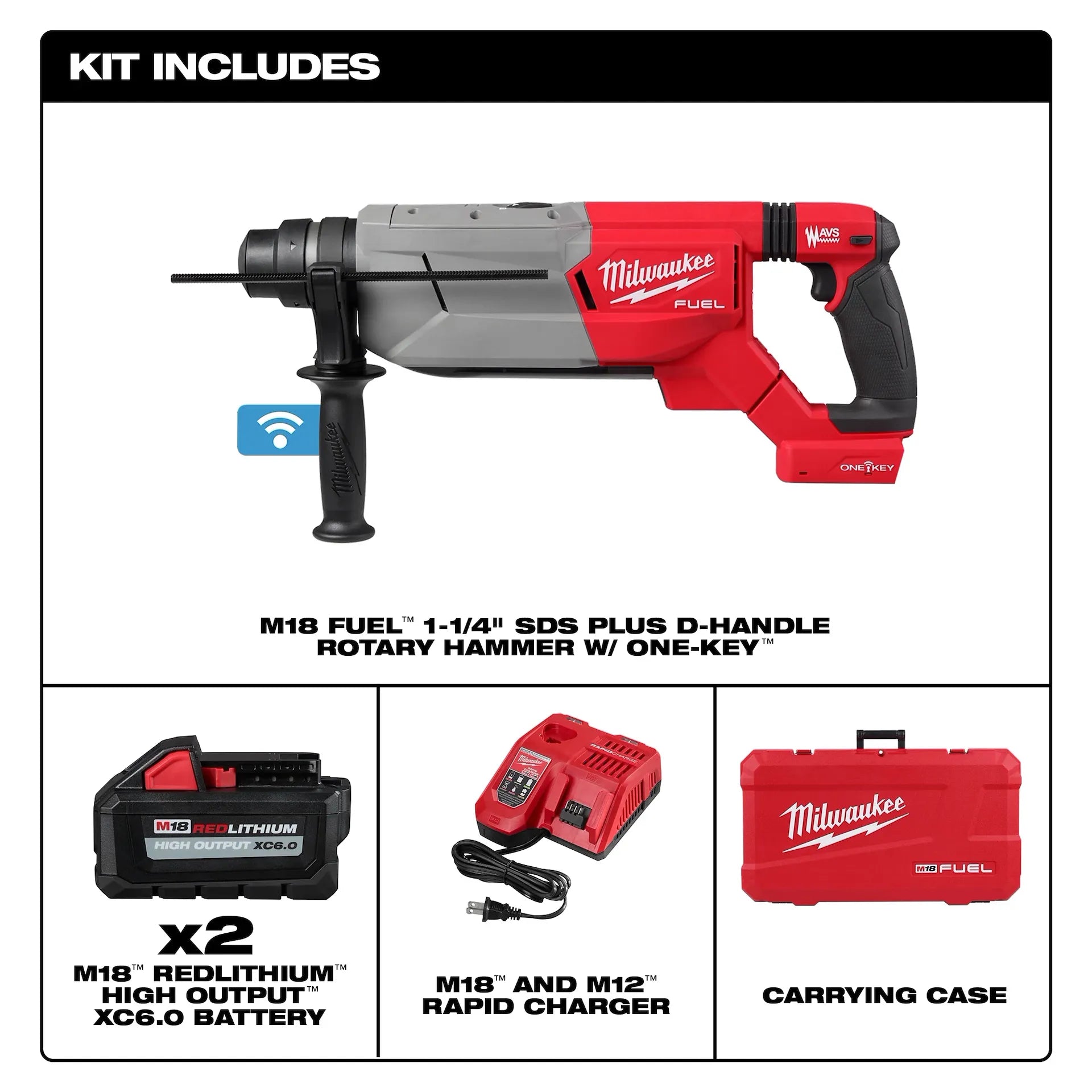 MILWAUKEE 2916-22 M18 FUEL™ 1-1/4” SDS Plus D-Handle Rotary Hammer Kit w/ ONE-KEY™