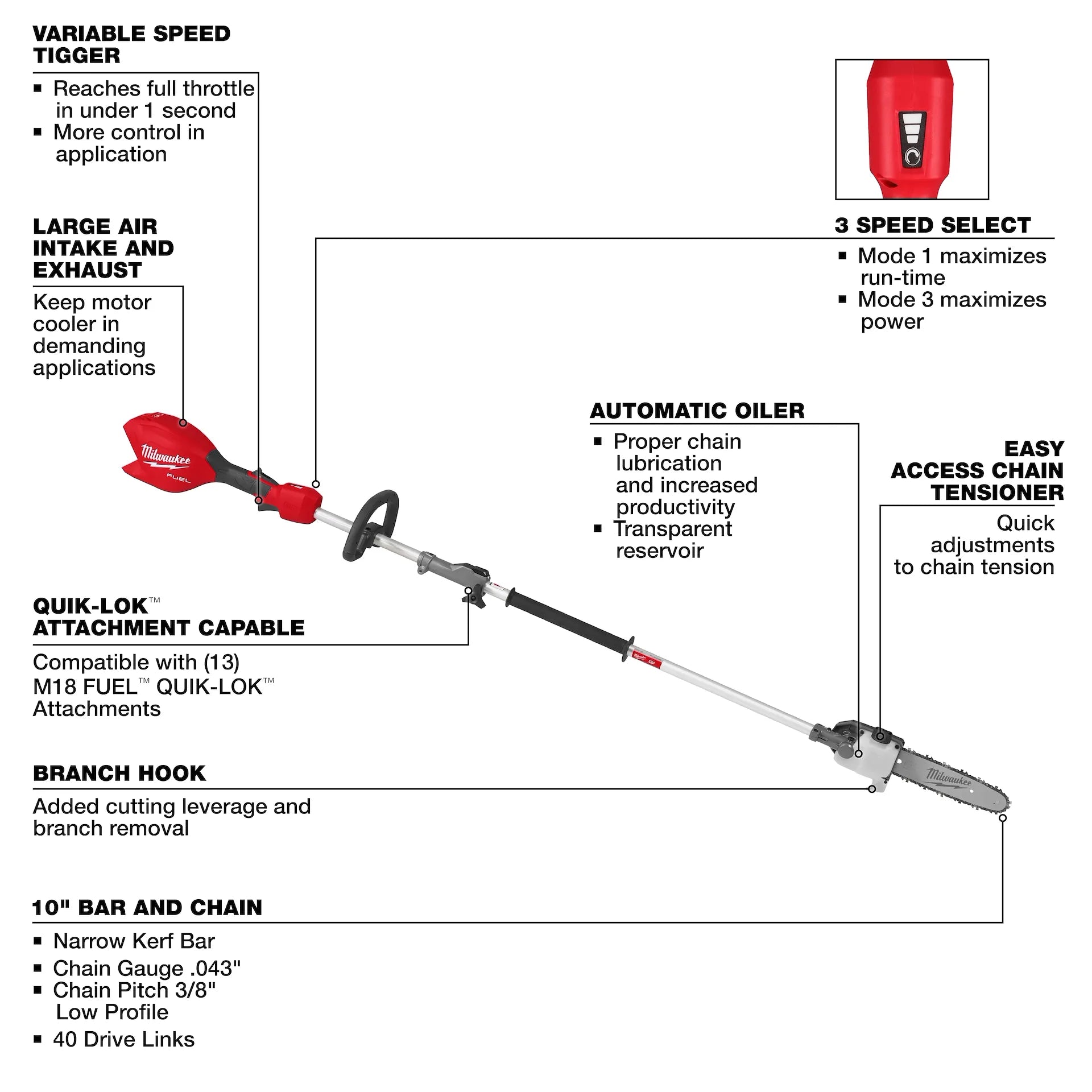 MILWAUKEE 3016-20PS M18 FUEL™ Pole Saw w/ QUIK-LOK™ (Tool Only)