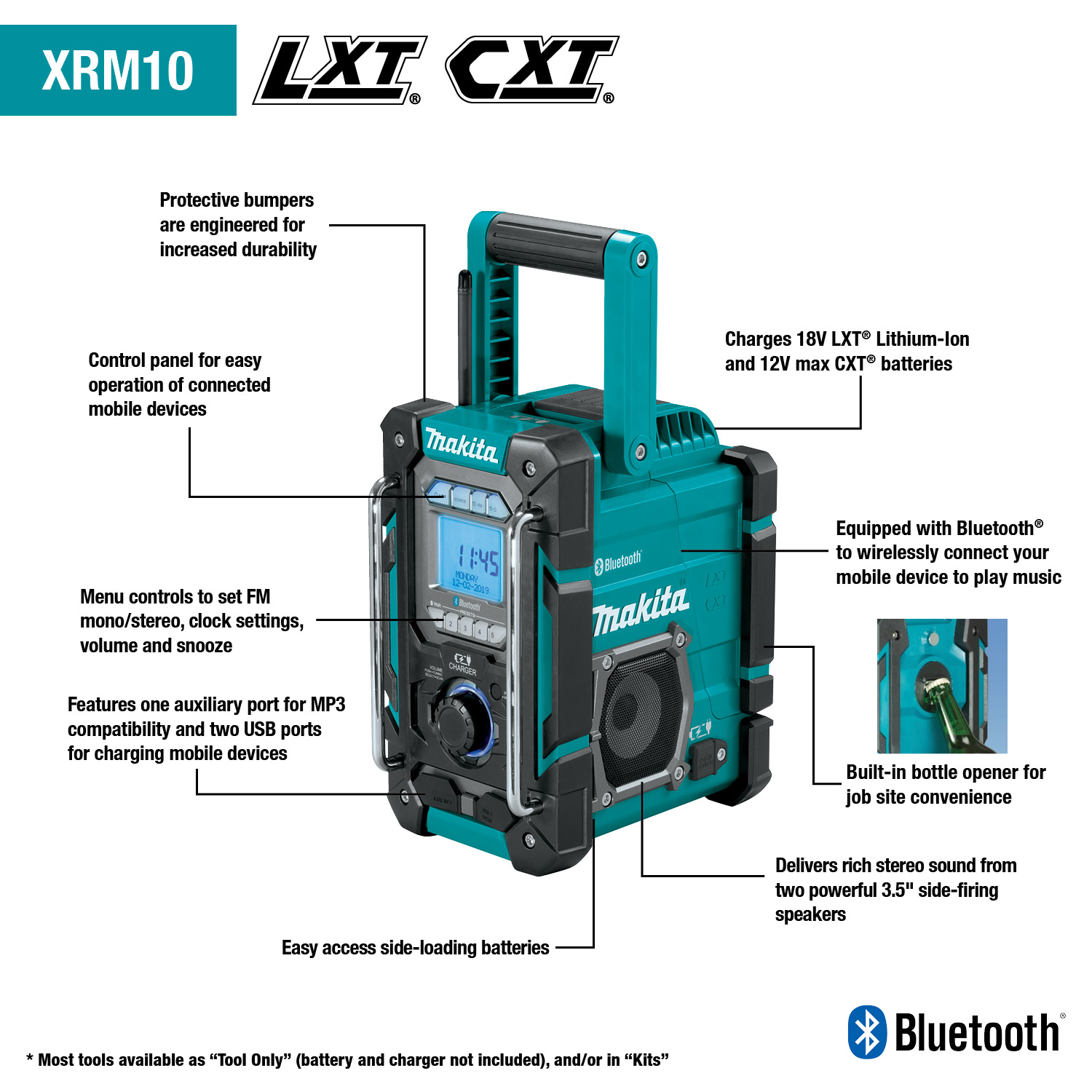 MAKITA XRM10 18V LXT® / 12V max CXT® Lithium‑Ion Cordless/Corded Bluetooth® Job Site Charger / Radio, Tool Only