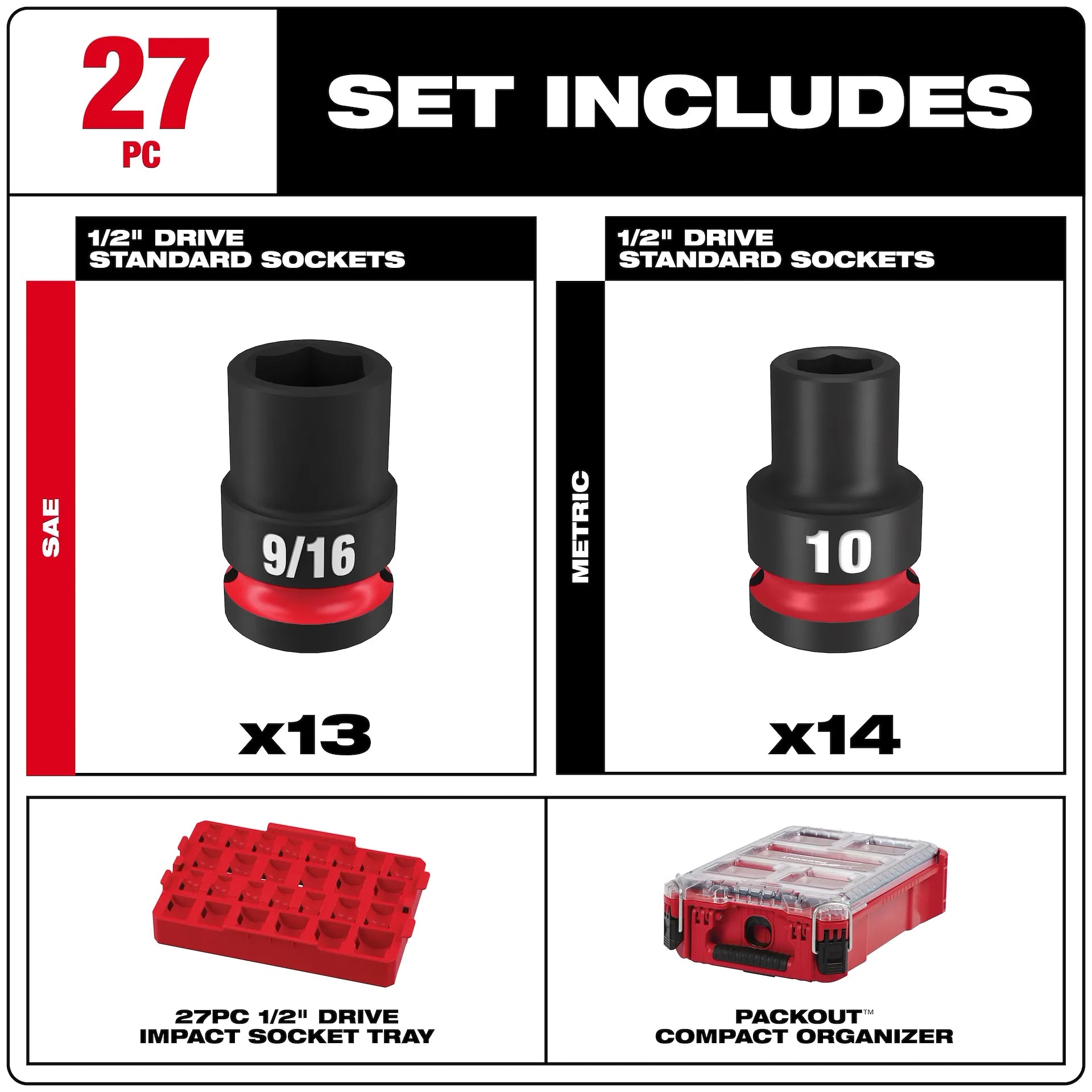 MILWAUKEE 49-66-6804 27PC SHOCKWAVE™ Impact Duty Socket 1/2” Drive MM & SAE Set with PACKOUT™