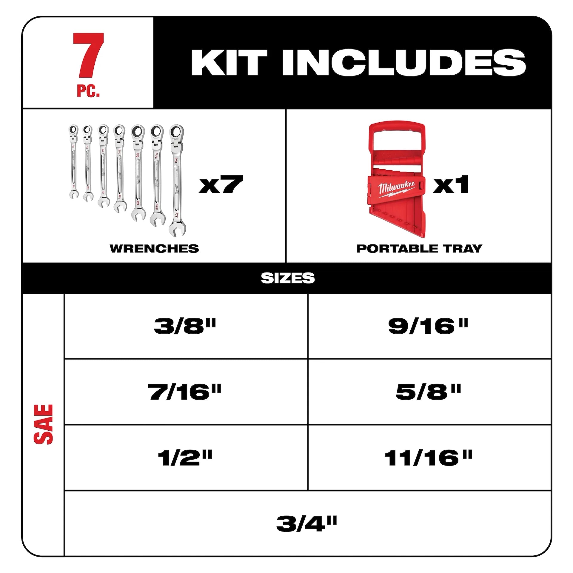 MILWAUKEE 48-22-9429 7pc SAE Flex Head Combination Wrenches