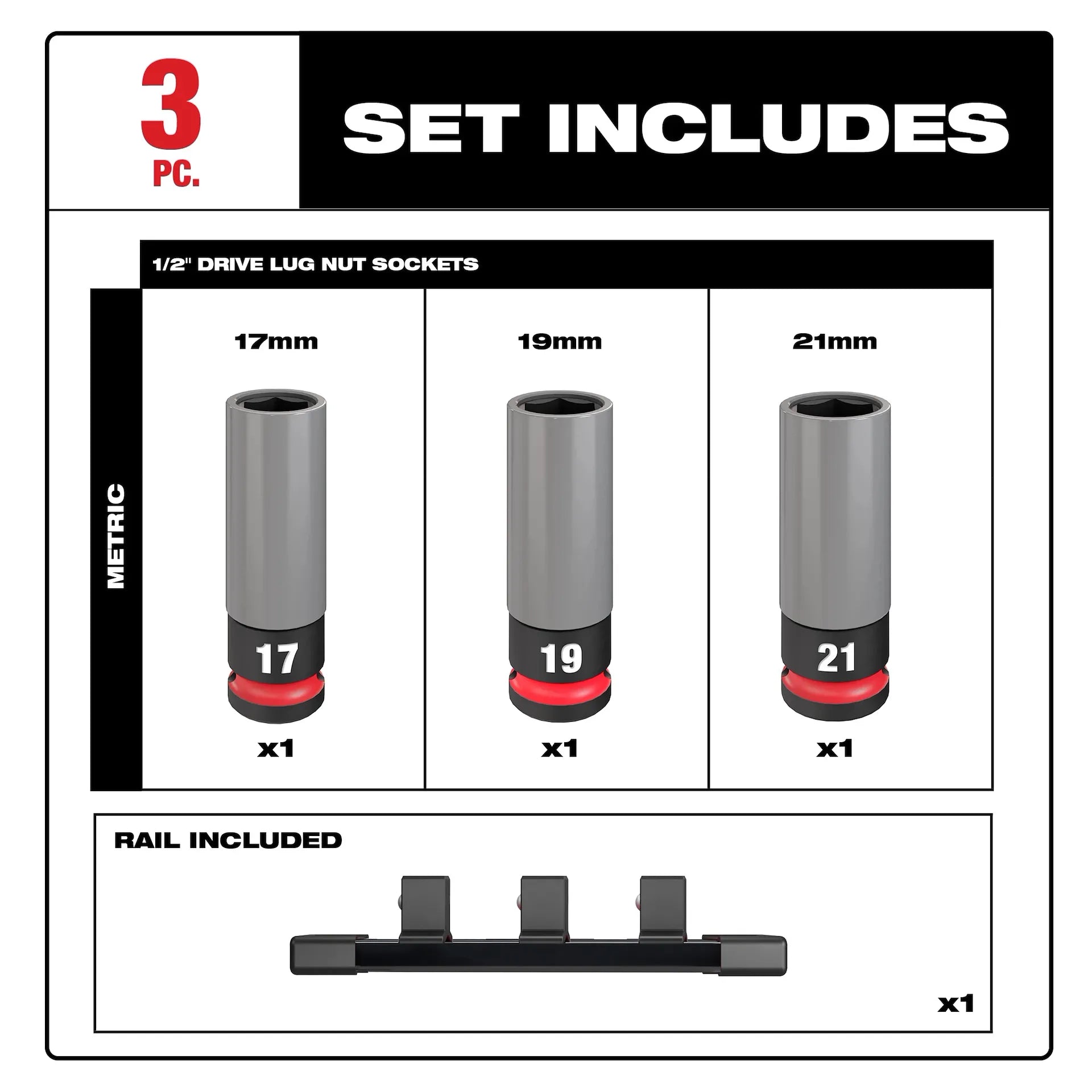 MILWAUKEE 49-66-7830 SHOCKWAVE™ Impact Duty 1/2 Drive Metric 3PC Lug Nut Wheel Socket Set