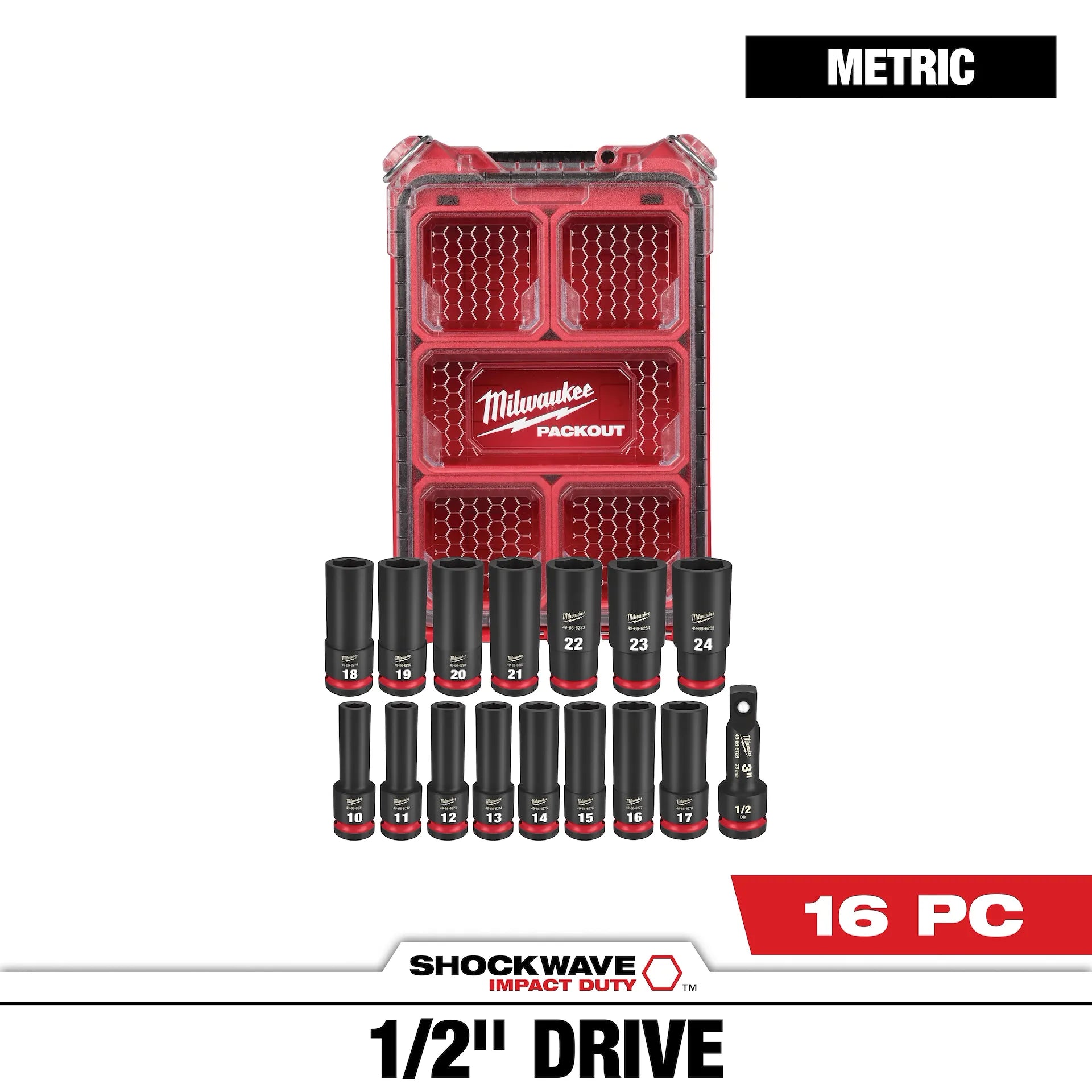 MILWAUKEE 49-66-6803 16PC SHOCKWAVE™ Impact Duty Socket 1/2” Drive 16PC MM Set with PACKOUT™