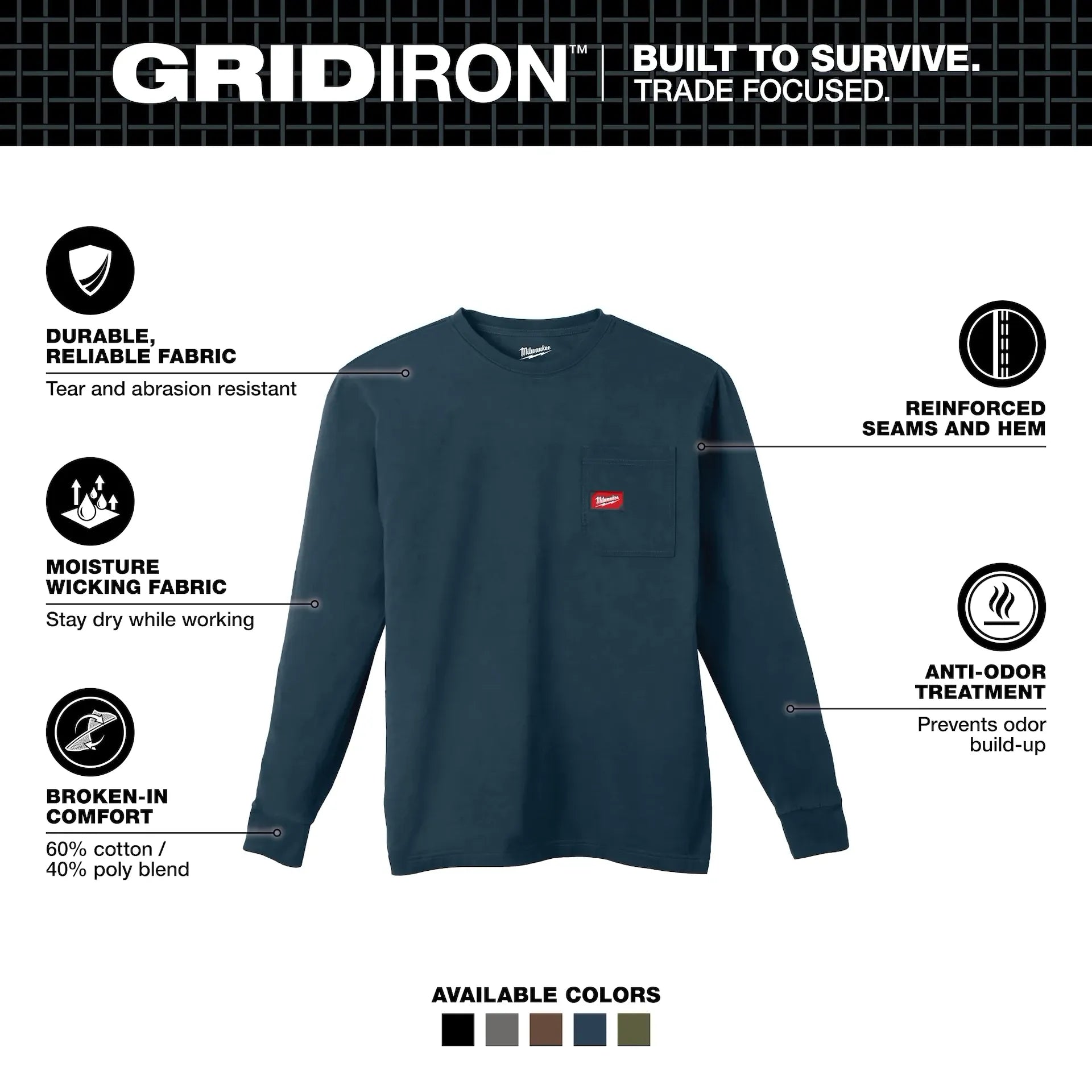 MILWAUKEE 606BL GRIDIRON™ Pocket T-Shirt - Long Sleeve - BLUE