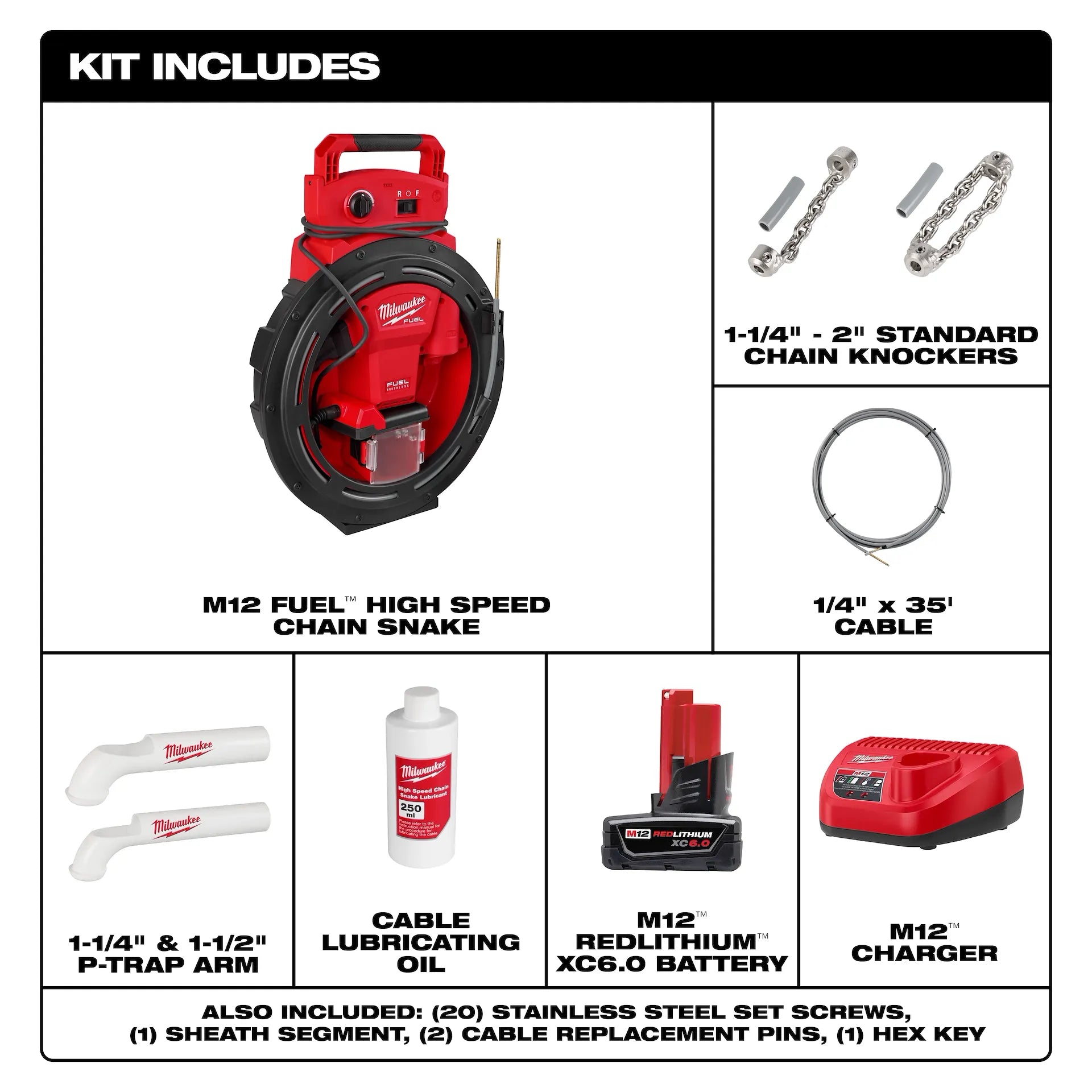 MILWAUKEE 2519-21 M12 FUEL™ High Speed Chain Snake for 1-1/4”-2” Pipes