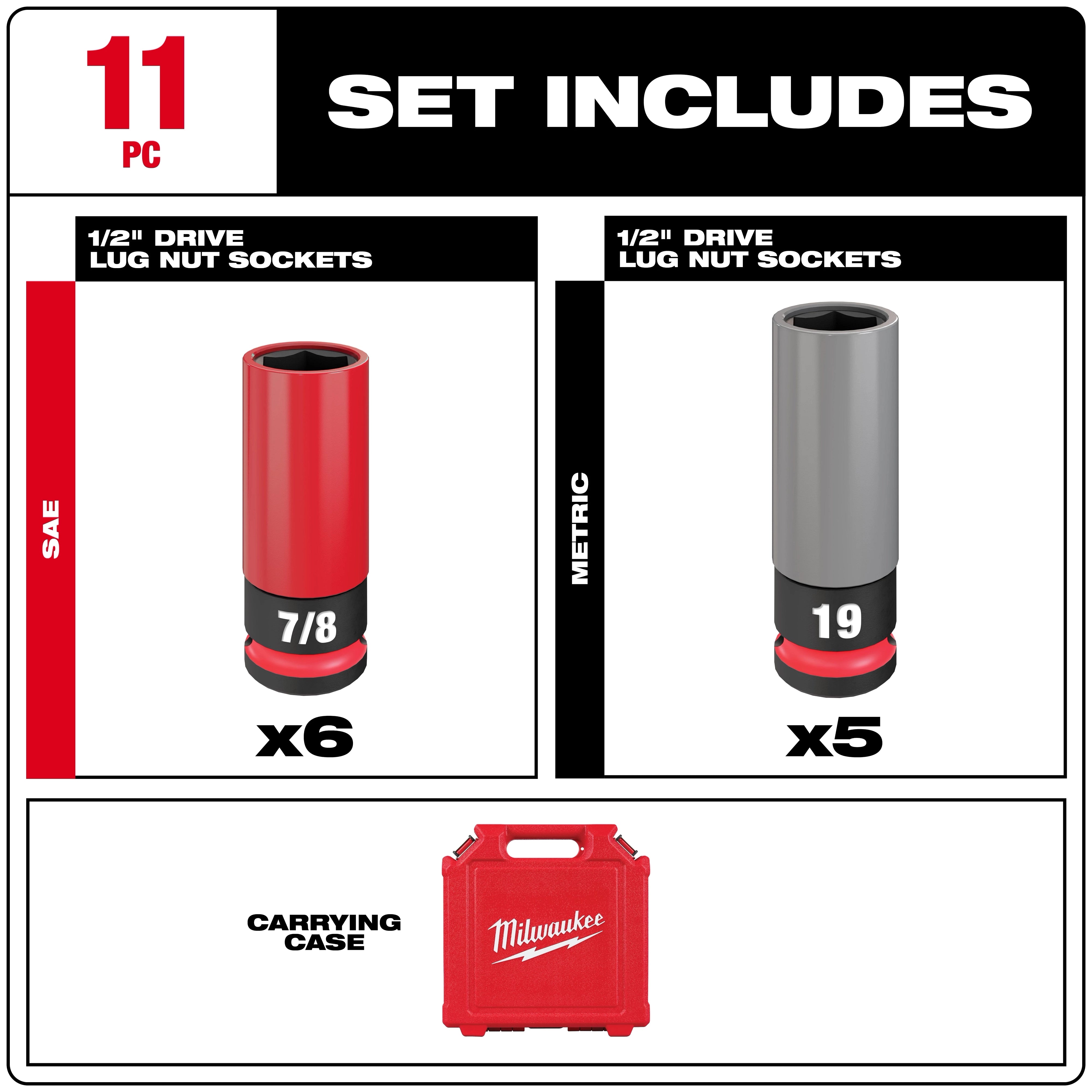 MILWAUKEE 49-66-7833 SHOCKWAVE™ Impact Duty 1/2 Drive SAE & Metric 11PC Lug Nut Wheel Socket Set
