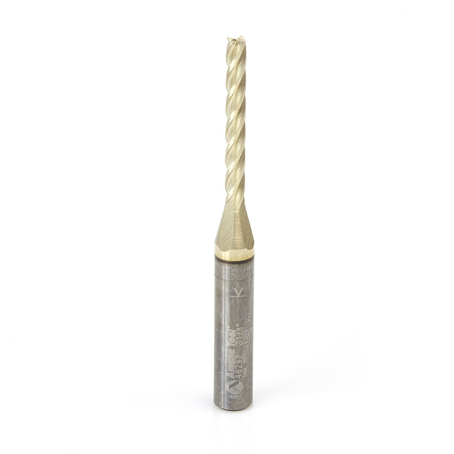 AMANA 46292 CNC 2D and 3D Carving Flat Bottom 0.10 Deg Angle x 1/8 Dia x 1-3/32 x 1/4 Shank x 2-1/2 Inch Long x 4 Flute Solid Carbide ZrN Coated Router Bit