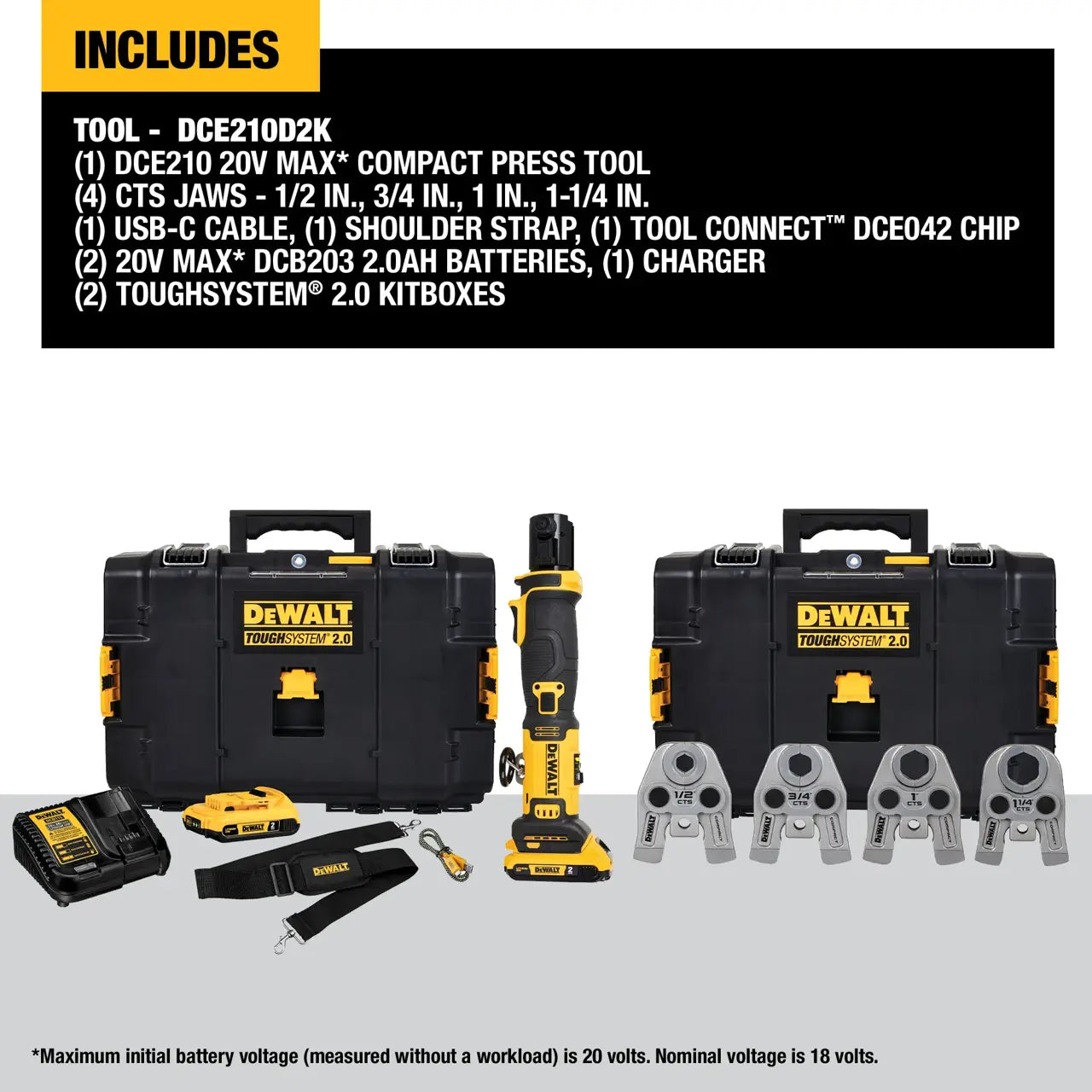DEWALT DCE210DK2 20V MAX** compact press tool kit with CTS jaws