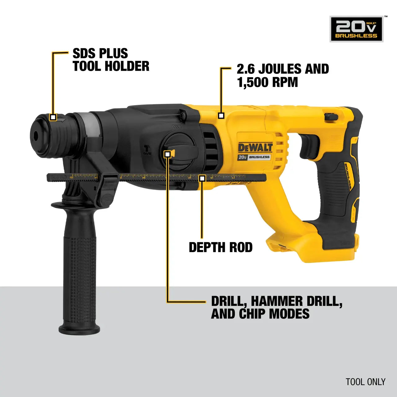 DEWALT DCH133B 20V MAX* 1-in. Brushless Cordless SDS PLUS D-Handle Rotary Hammer (Tool Only)