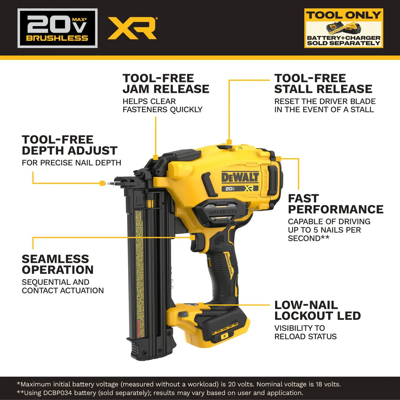 DEWALT DCN210B 20V MAX* XR Cordless 18Ga Brad Nailer (Tool Only)