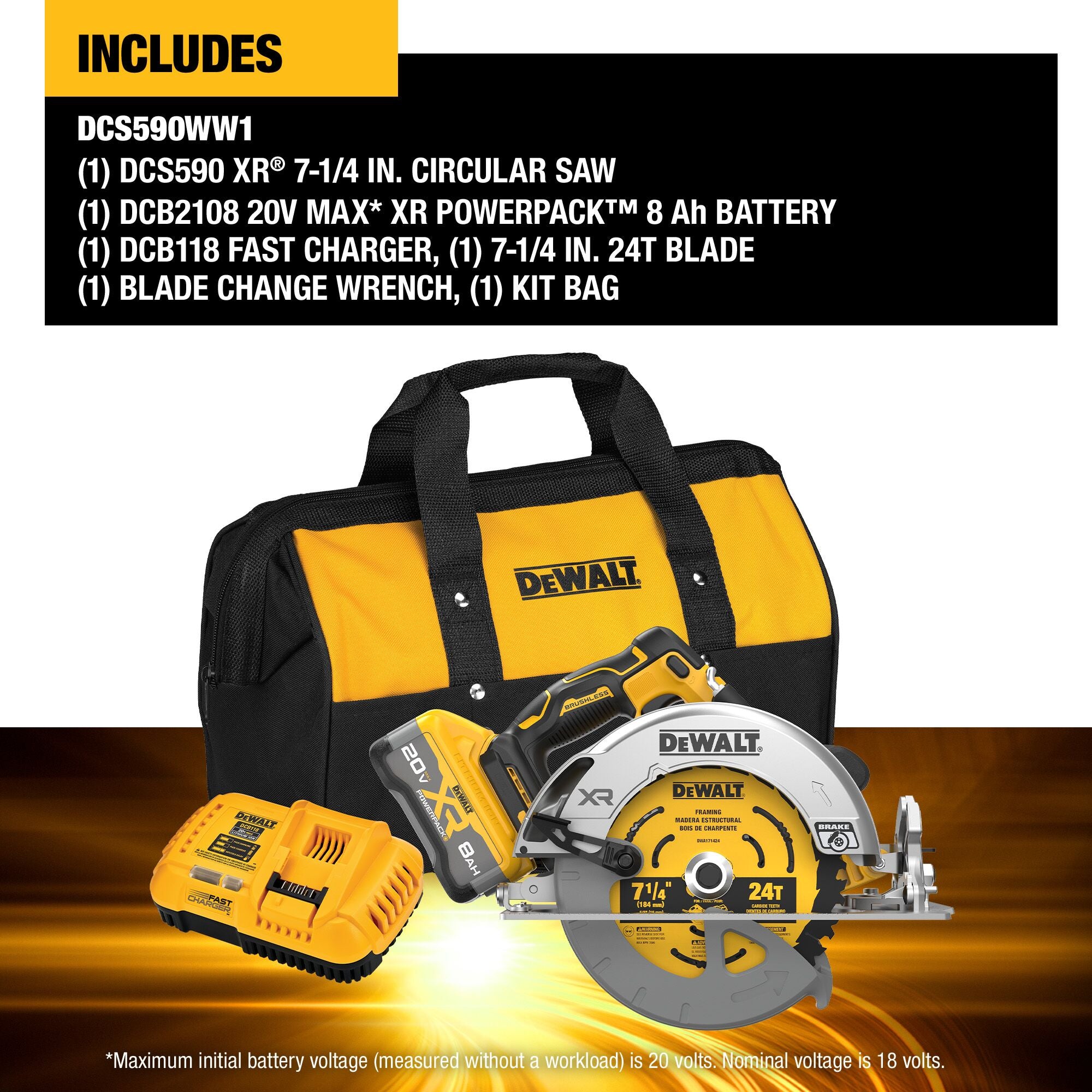 DEWALT DCS590WW1 20V MAX* XR® Brushless Cordless 7-1/4 in. Circular Saw Kit with XR POWERPACK™ 8.0AH