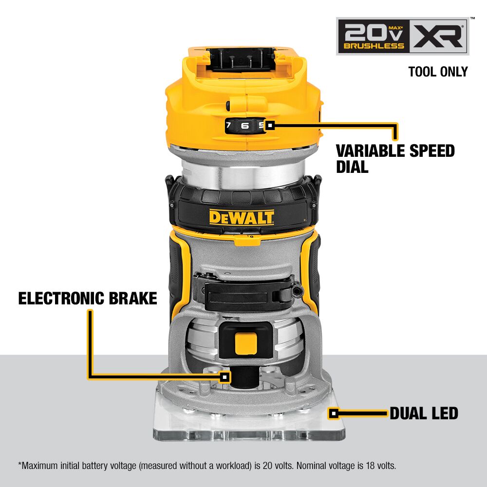 DEWALT DCW600B 20V MAX* XR® Brushless Cordless Compact Router (Tool Only)