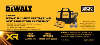 DEWALT DCF860WW1 20V MAX* XR® Brushless Cordless 3-Speed High Torque 1/4 in. Impact Driver Kit with XR POWERPACK™ 8.0AH