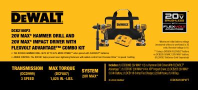 DEWALT DCK2100P2 20V MAX* Hammer Drill and 20V MAX* Impact Driver with FLEXVOLT ADVANTAGE™ Combo Kit