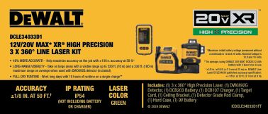 DEWALT DCLE34033D1 20V MAX* XR® 3 x 360 HIGH PRECISION GREEN LASER KIT W/DETECTOR
