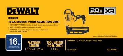 DEWALT DCN662B 20V MAX* XR 16ga Cordless Straight Finish Nailer (Tool Only)