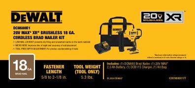 DEWALT DCN680D1 20V MAX* XR® 18 GA Cordless Brad Nailer Kit