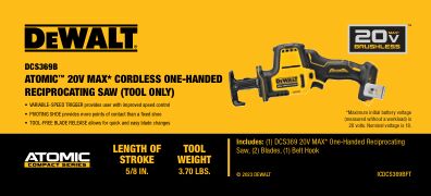 DEWALT DCS369B ATOMIC™ 20V MAX* Cordless One-Hand Reciprocating Saw (Tool Only)