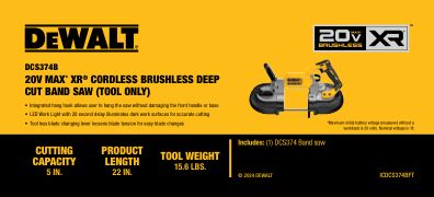 DEWALT DCS374B 20V MAX* XR® Cordless Brushless Deep Cut Band Saw (Tool Only)