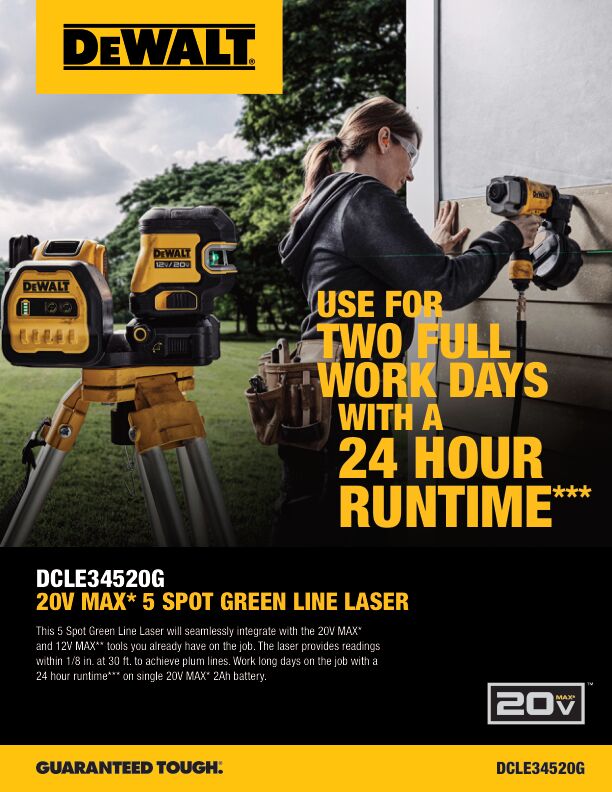 DEWALT DCLE34520G 20V MAX* 5 SPOT GREEN LINE LASER KIT
