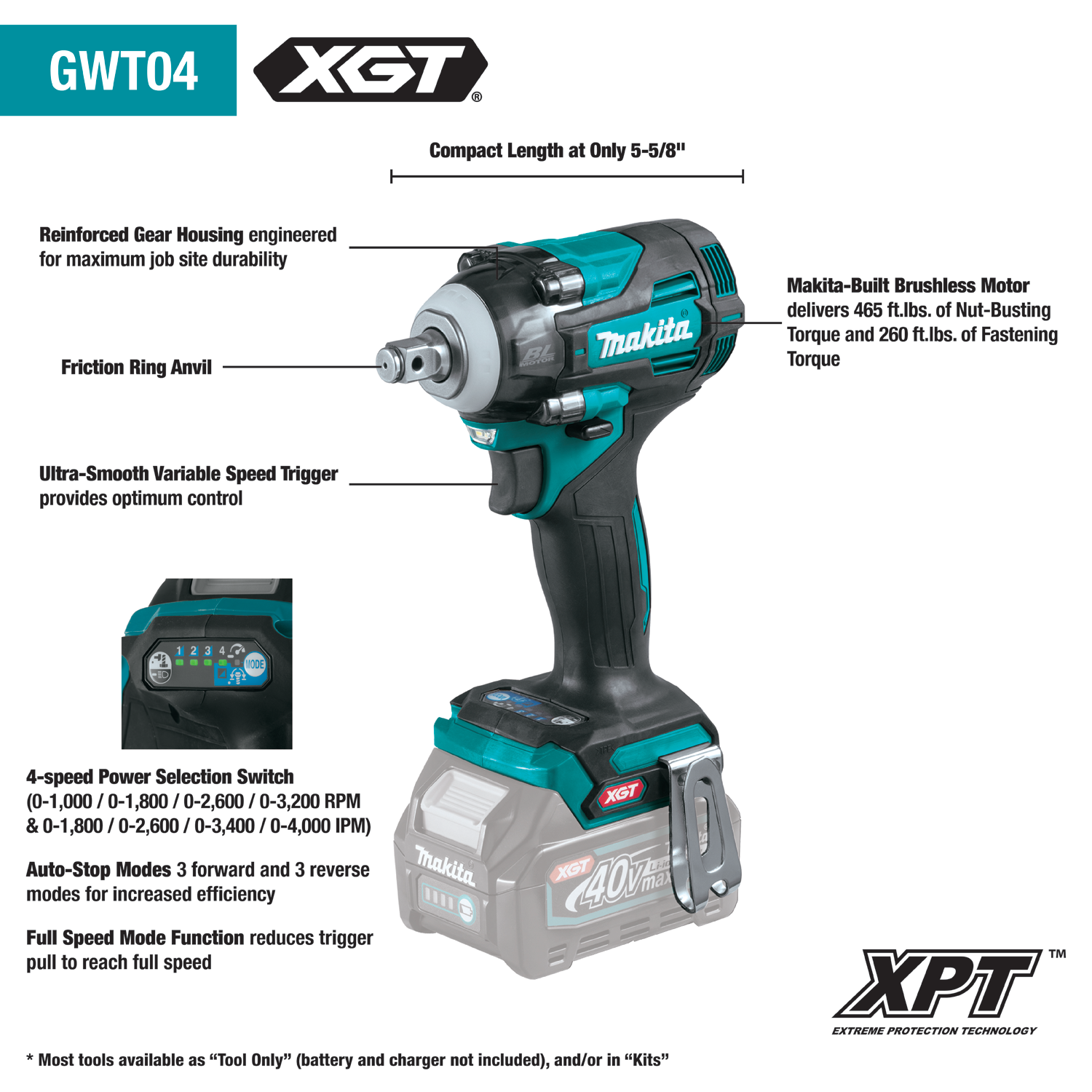 MAKITA GWT04D 40V max XGT® Brushless Cordless 4‑Speed 1/2