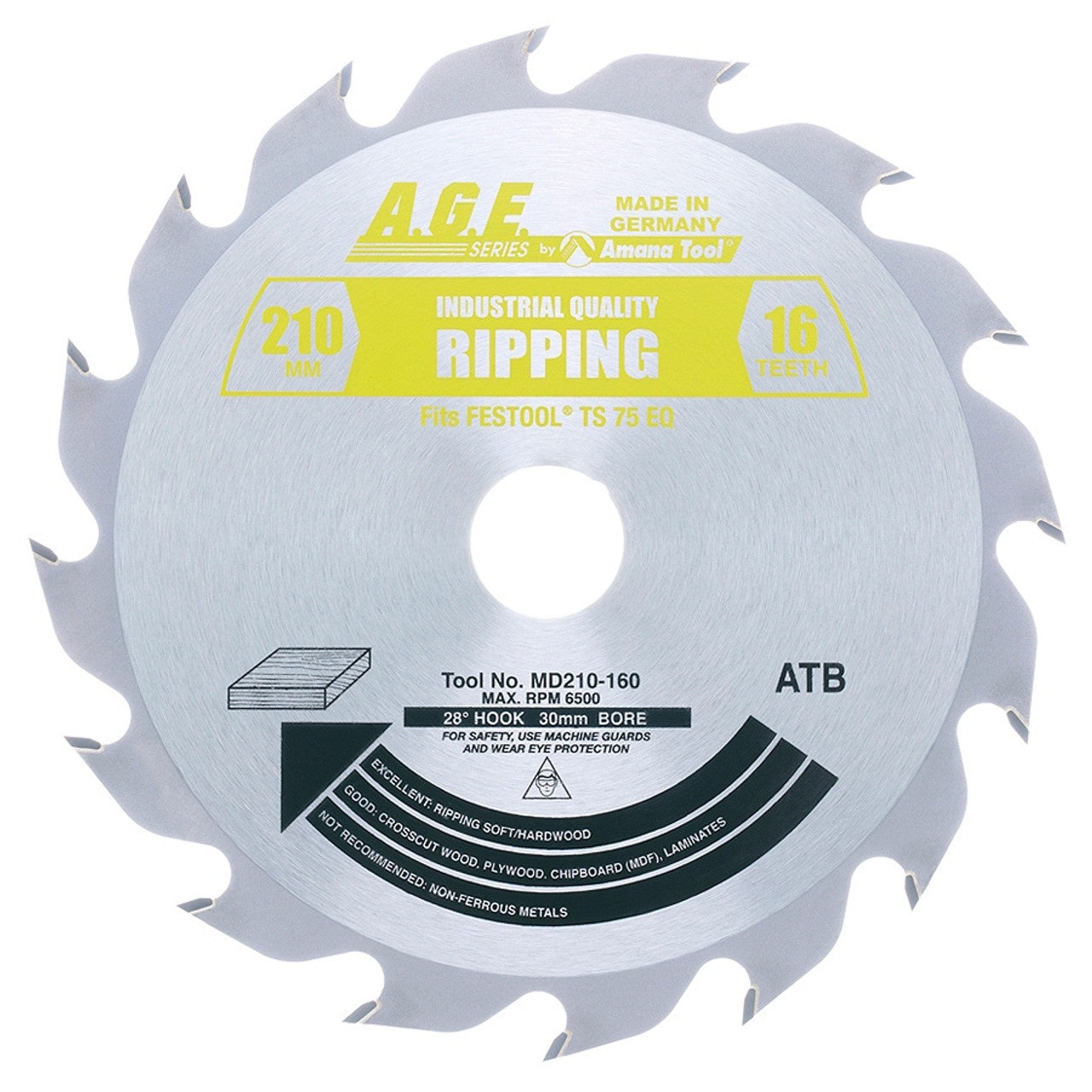 AGE MD210-160 Festool Track Saw Ripping Blade – 210mm 16T FTG Fast Rip, 30mm Bore