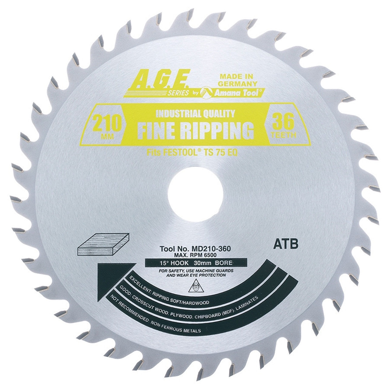 AGE MD210-360 Festool Track Saw Blade – 210mm 36T ATB General Purpose, 30mm Bore