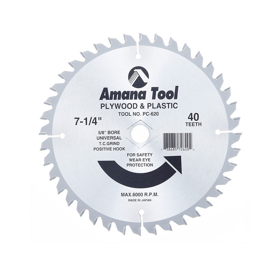 AMANA PC-620 Carbide Tipped Plywood & Plastic 7-1/4 Inch Dia x 40T TCG, 5/8 - Universal Bore