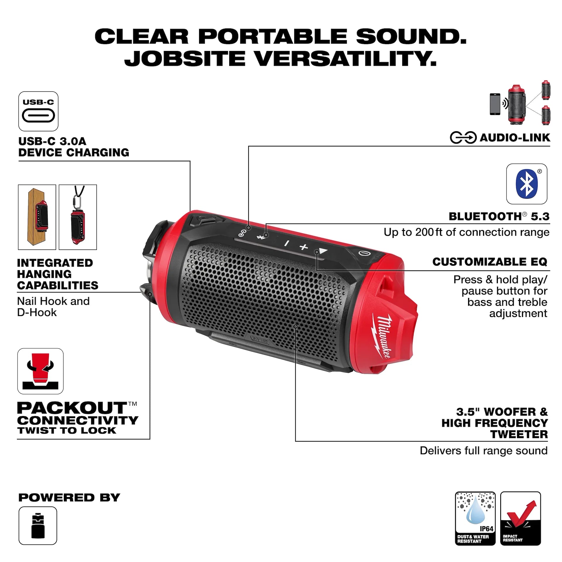 MILWAUKEE 2955-20 M12™ Bluetooth® Jobsite Speaker w/ PACKOUT™ Compatibility