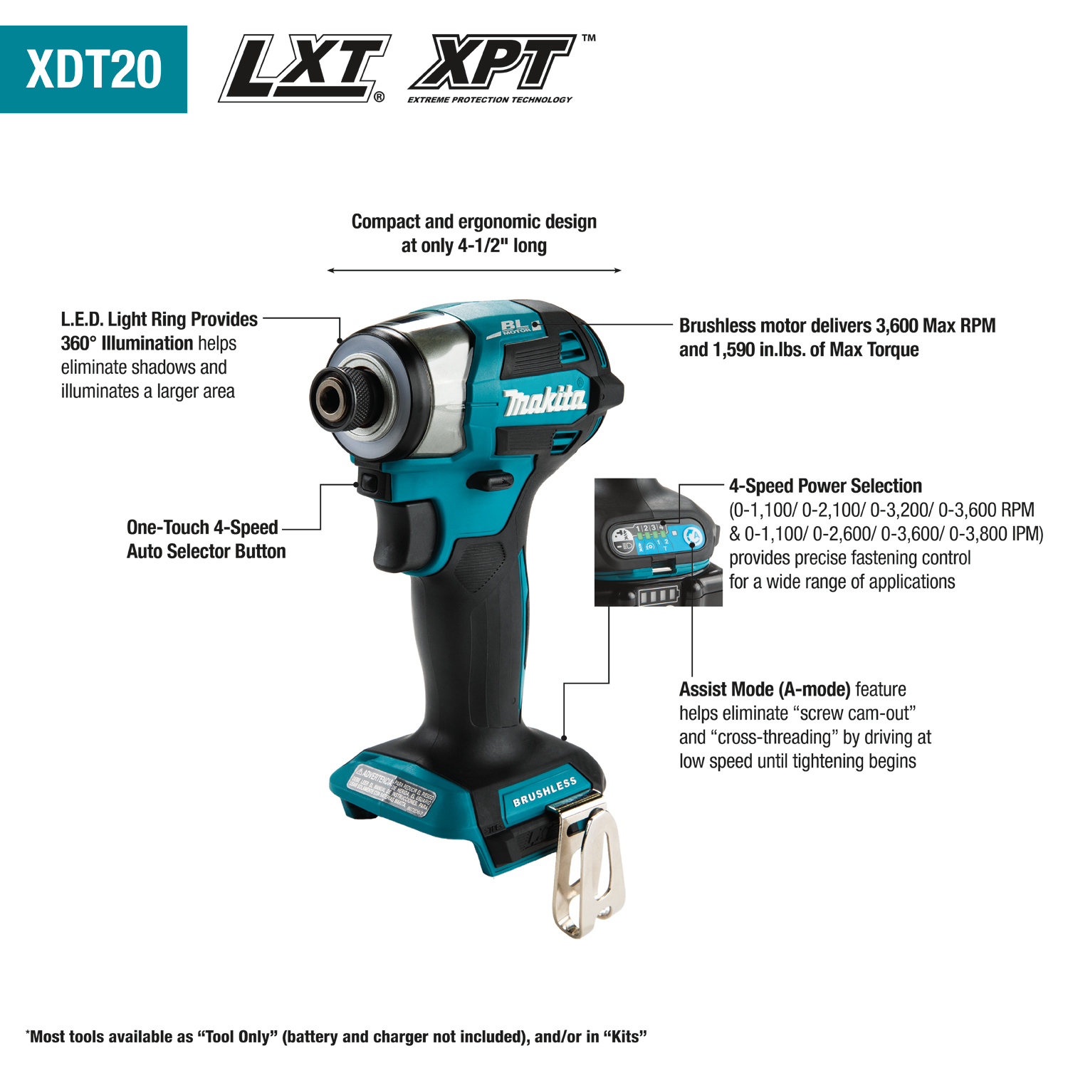 MAKITA XDT20Z 18V LXT® Lithium‑Ion Brushless Cordless Quick‑Shift Mode™ 4‑Speed Impact Driver, Tool Only