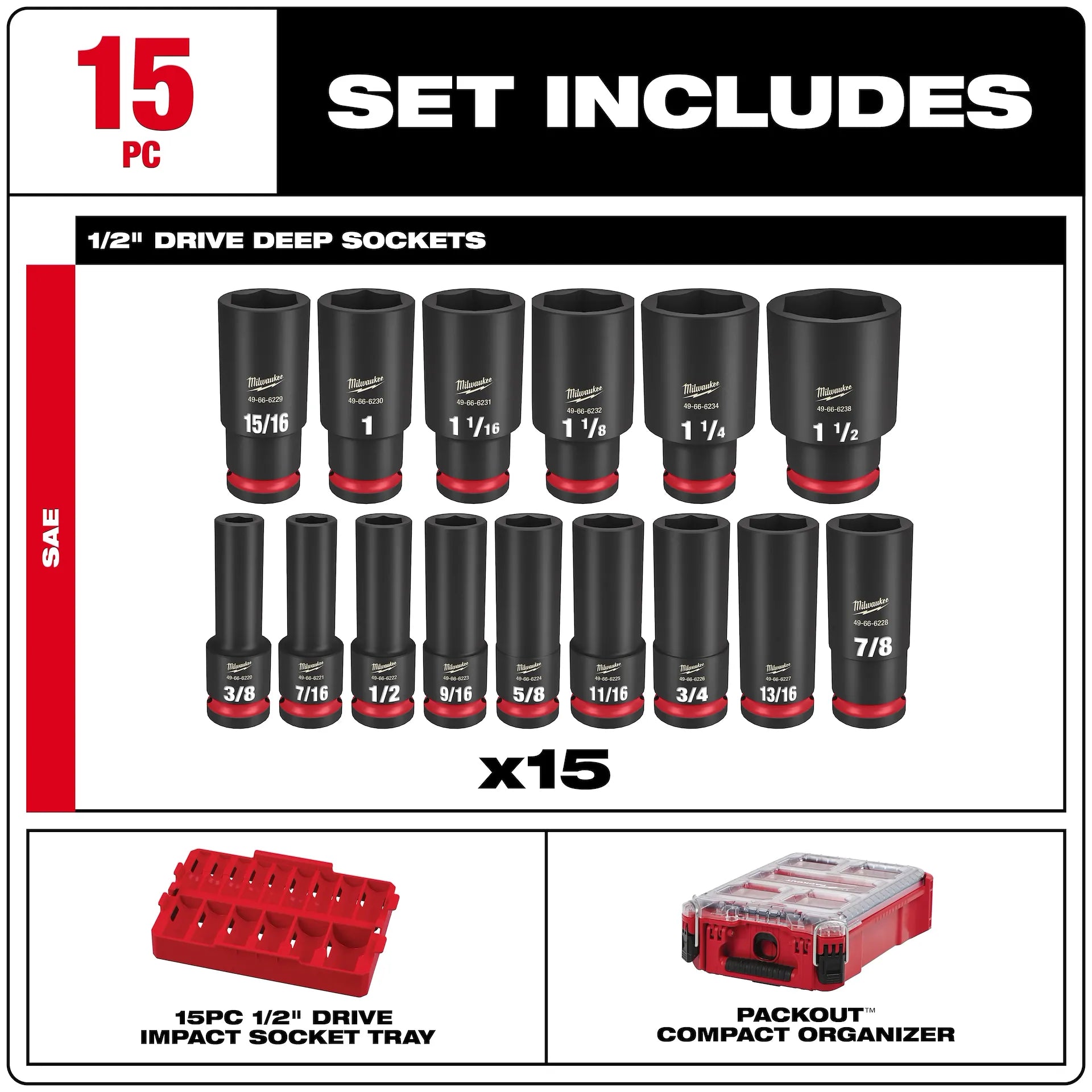 MILWAUKEE 49-66-6802 15PC SHOCKWAVE™ Impact Duty Socket 1/2” Drive SAE Set with PACKOUT™